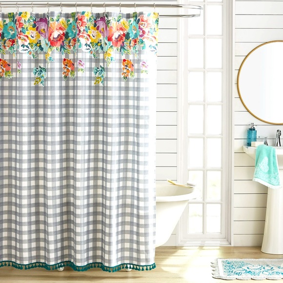 The Pioneer Woman Sweet Romance Gingham Floral Cotton-Rich Shower Curtain - Picture 1 of 7